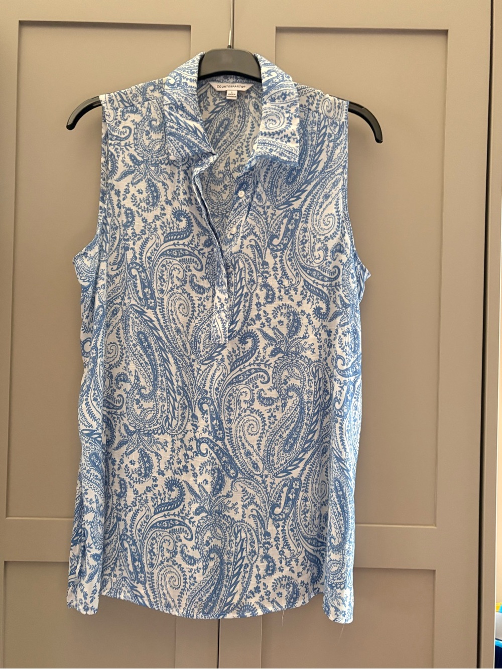 Counterparts Sleeveless Collared Paisley Top - Blue & White